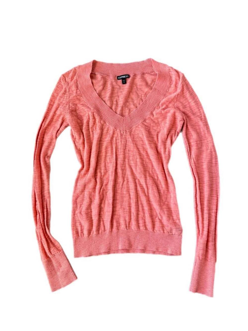 Y2K Express Coral Pink Deep V‑Neck Long Sleeve Top – Size M